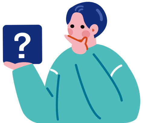 「？」の札を持って考えこむ人のイラスト
